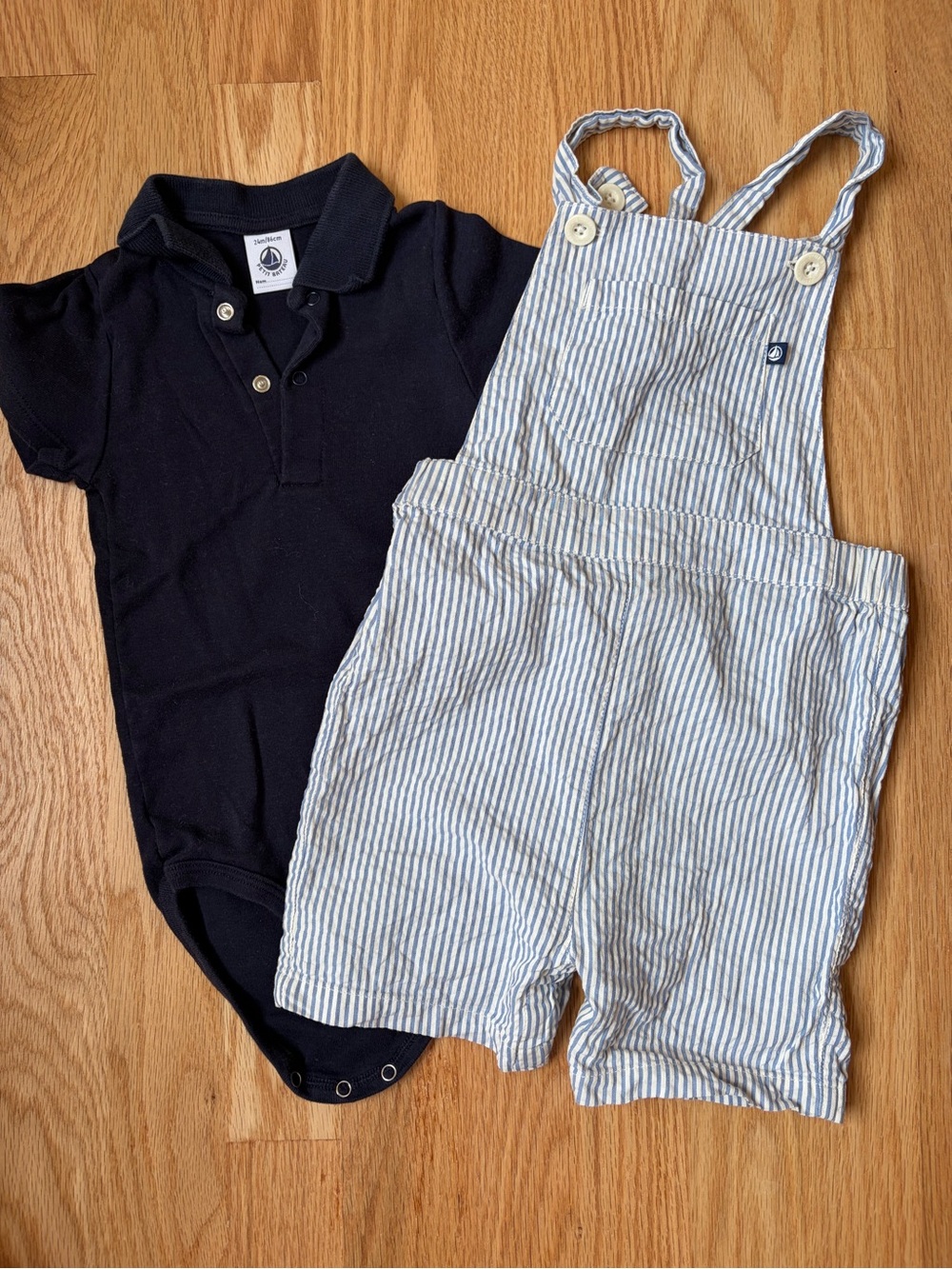 Petit Bateau Navy Polo Bodysuit with Blue-White Striped Overalls Set